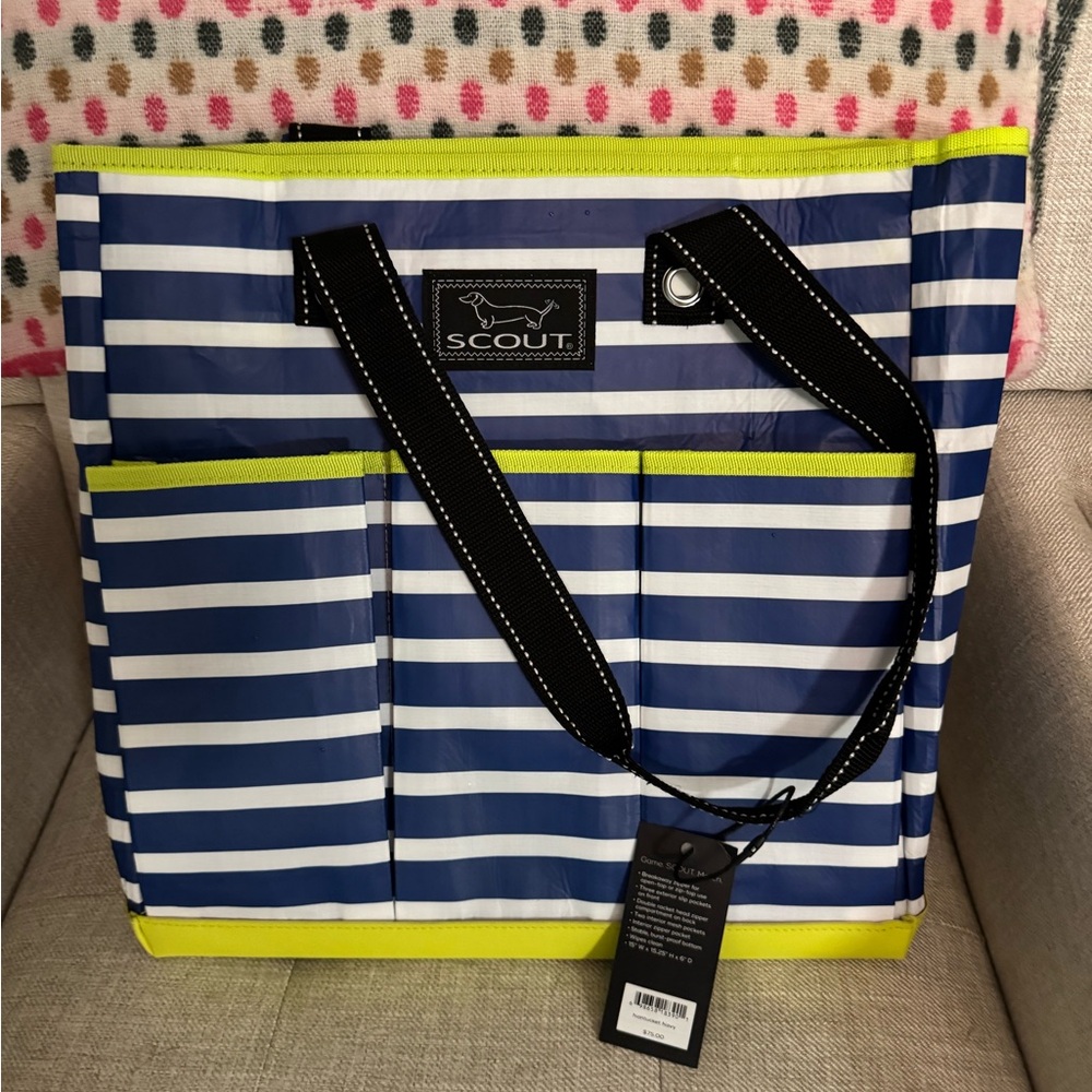 Scout Navy and White Striped Tote with Black Handles